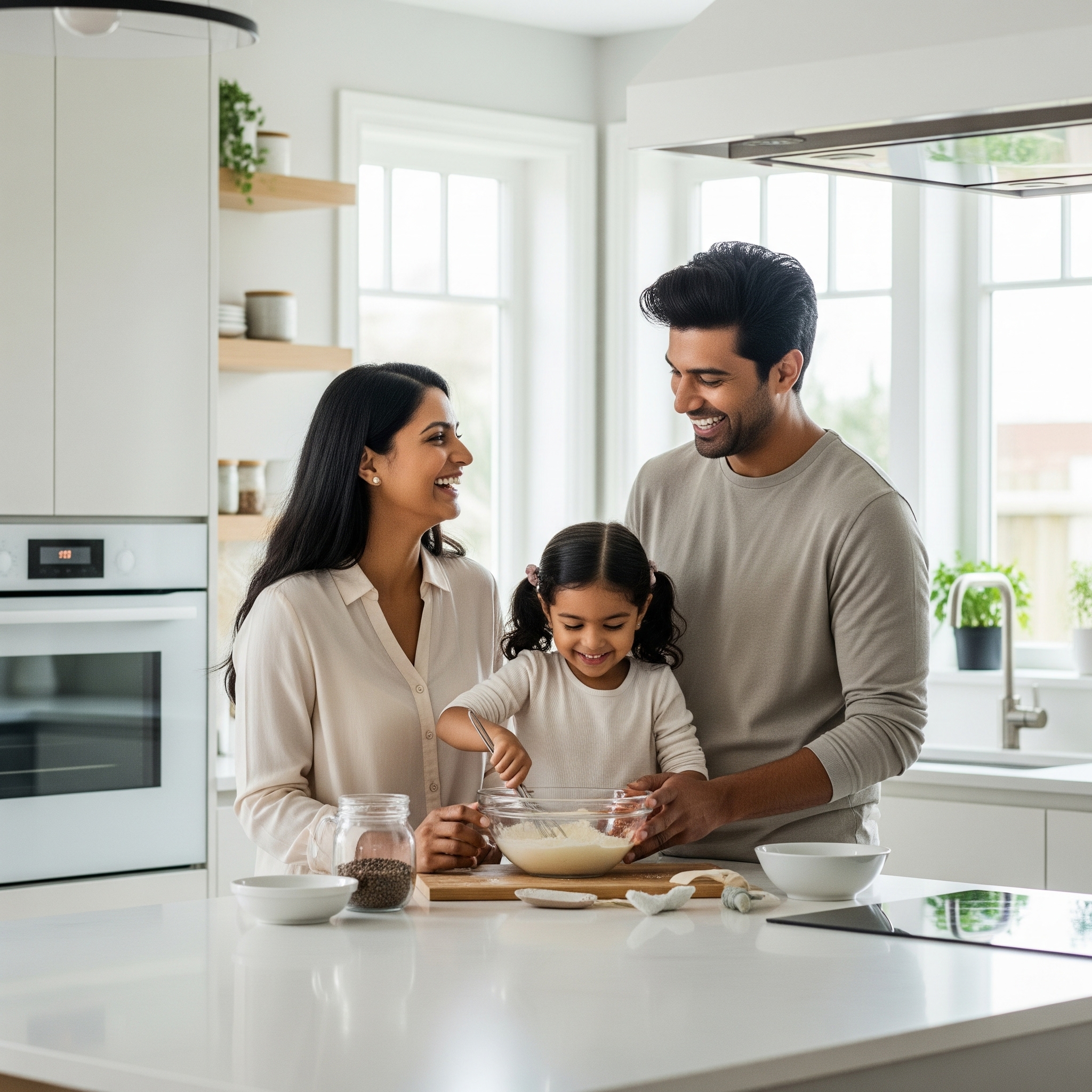 A family cooking n the kitchen and laughing together
