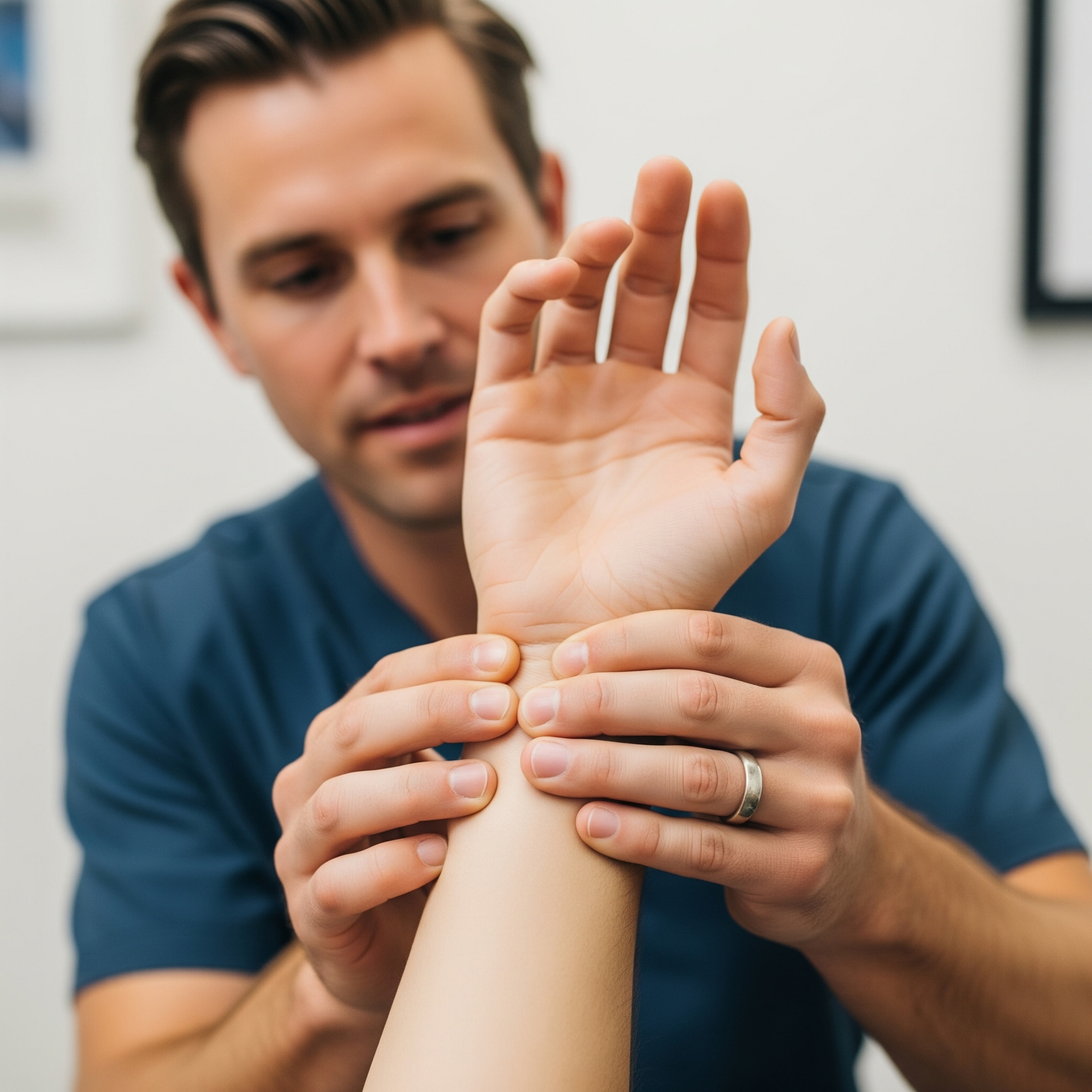 A male clinician in blue scrubs carefully examines a patient's wrist, gently pressing his thumbs into the carpal tunnel area.
