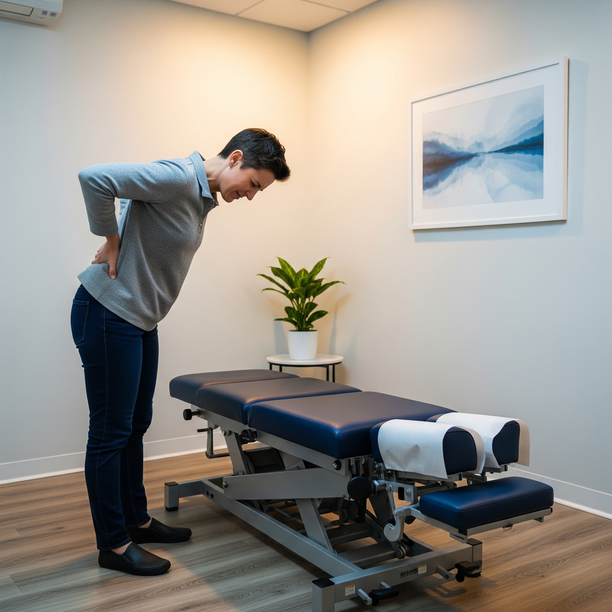 A person stands in a clean chiropractor's office, holding their lower back in discomfort. Next to them is a chiropractic adjusting table with fresh paper only on the face cradle.