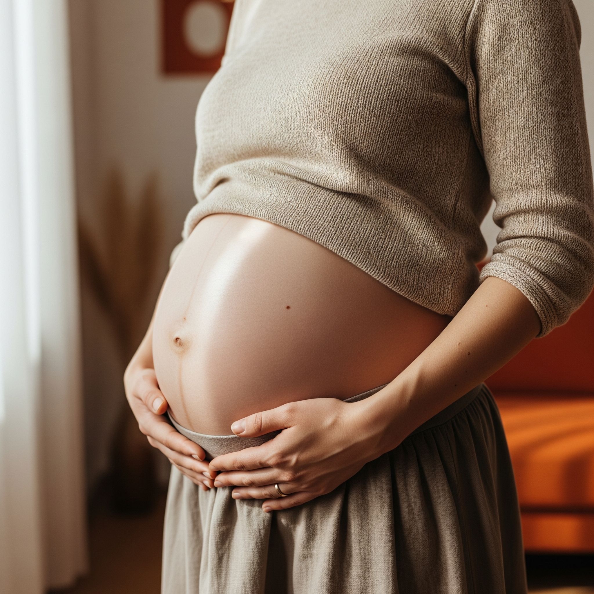 A close-up of a pregnant woman gently holding her belly, representing comfort and wellness during pregnancy chiropractic care.