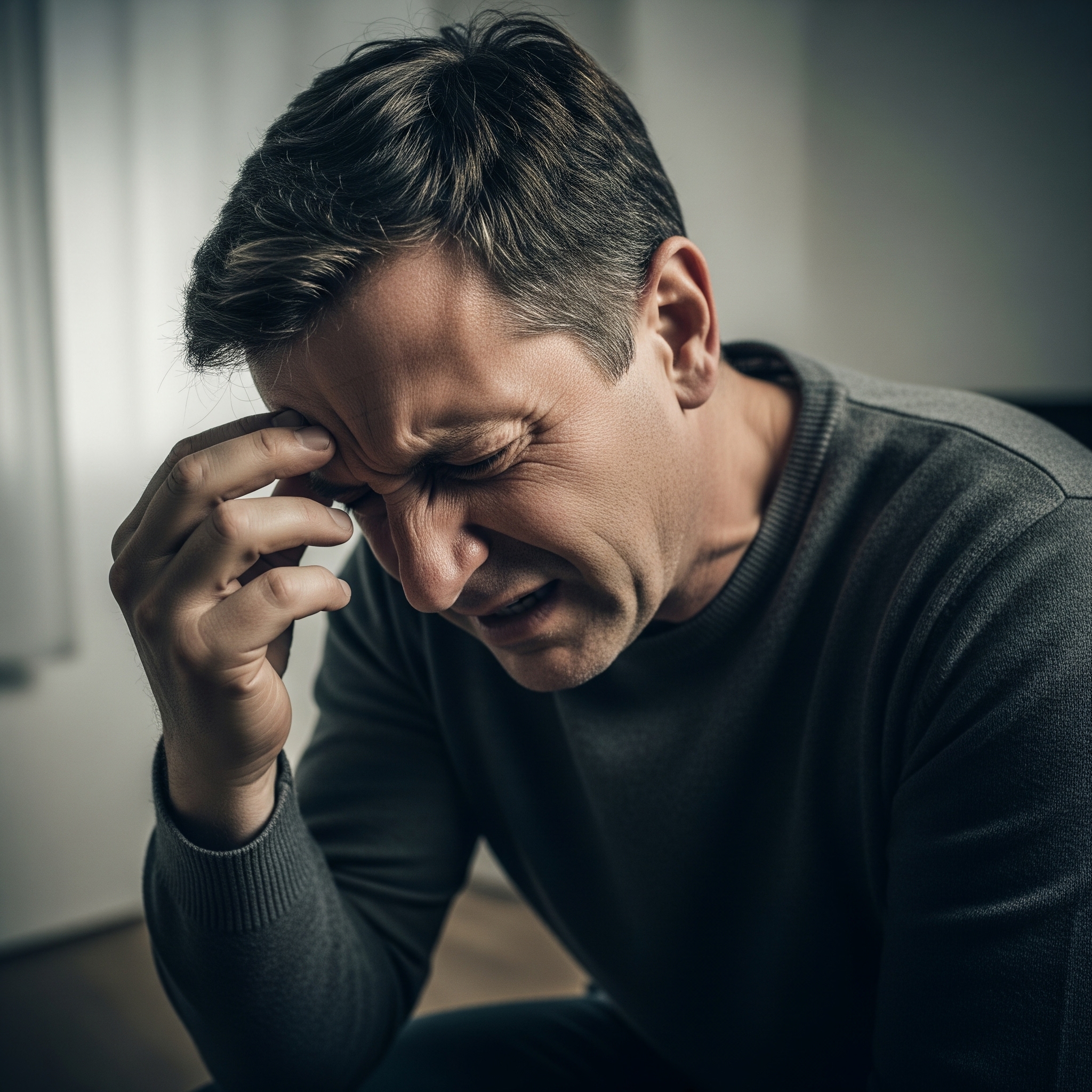 A man in a gray sweater is sitting indoors, holding his forehead with a pained expression, suggesting he might have a headache or be experiencing stress.