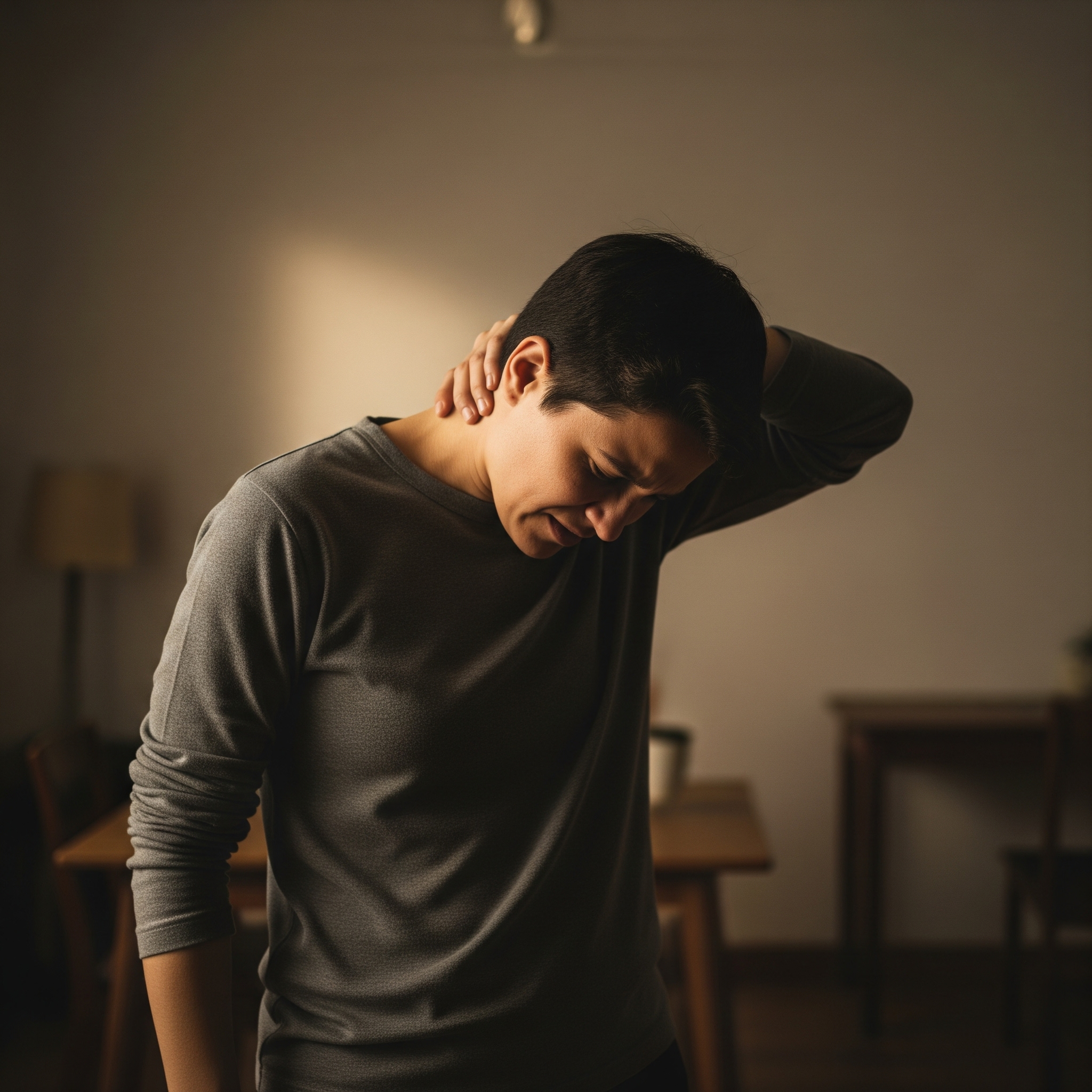 A person in a gray shirt stands indoors, holding their neck with a pained expression, suggesting discomfort or strain. The room is softly lit, with a table and lamp in the background.