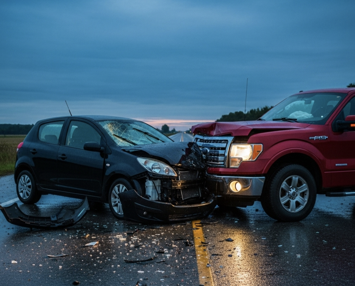 A severe collision between a gray car and a white truck is depicted, with both vehicles showing extensive front-end damage. The car's airbags are deployed, and debris is scattered across the wet road. The scene is set against a cloudy sky with the sun setting in the background.