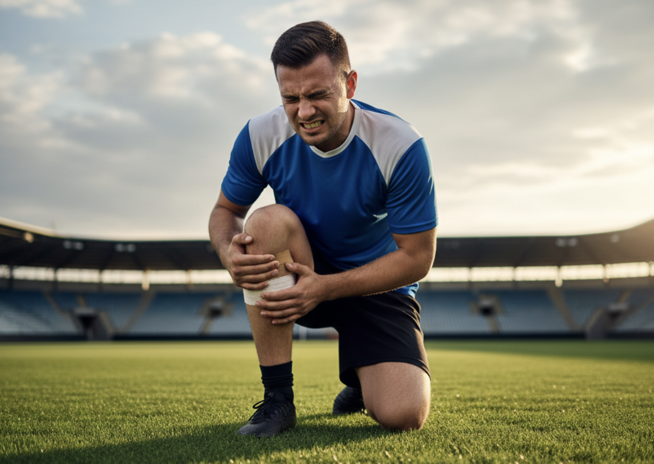 A soccer player in a blue and white jersey kneels on the field, grimacing in pain while clutching his bandaged knee, with an empty stadium in the background under a cloudy sky.