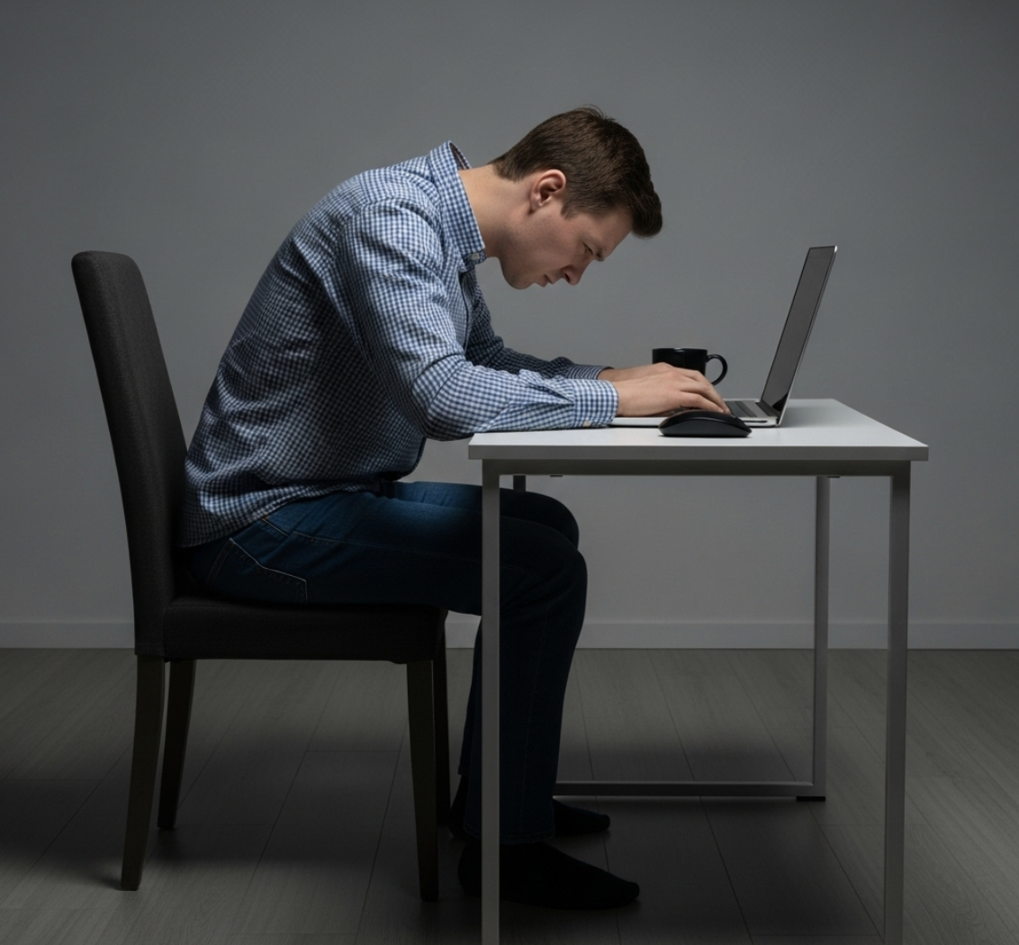 A person is sitting at a white desk, hunched over a laptop, wearing a blue checkered shirt and jeans. A black mug and a computer mouse are on the desk, creating a focused work setting.