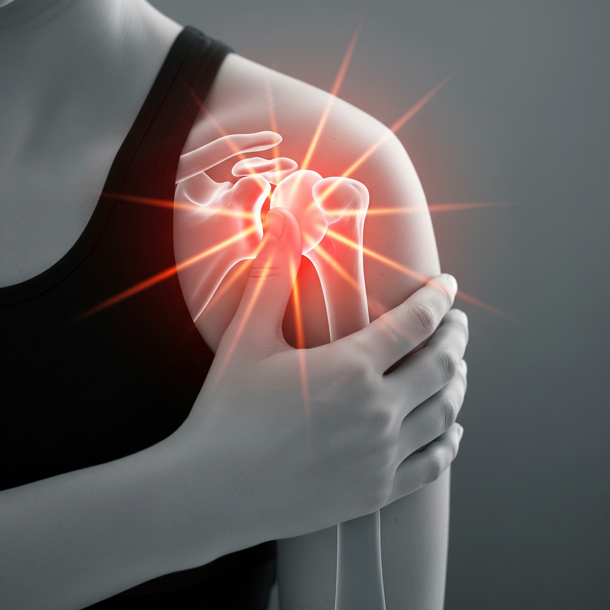 A person in a black tank top holds their shoulder, which is highlighted with a red glow and radiating lines, indicating pain or discomfort in the joint area.