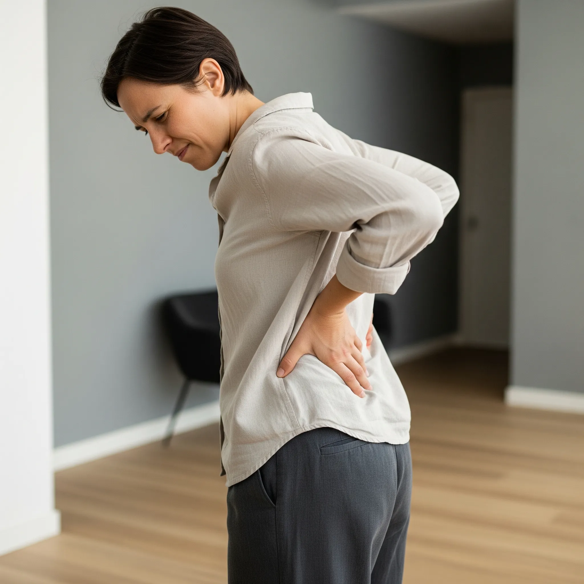 A woman in Monterey, CA standing in her home and clutching her lower back with a pained expression. At The Back and Neck Pain Center of Monterey, we specialize in identifying the structural misalignments and joint dysfunction that lead to chronic back pain and limited mobility for residents of the Monterey Peninsula.