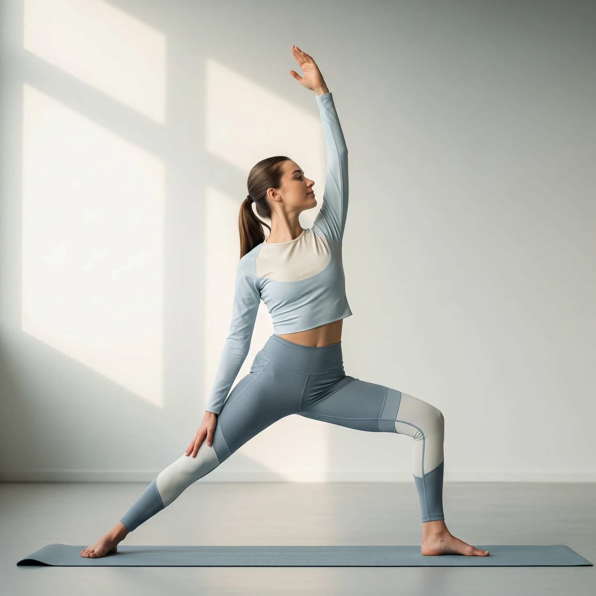 A woman performing a graceful Warrior II yoga pose on a blue mat. This image symbolizes the flexibility, spinal mobility, and physical confidence that patients strive for through specialized scoliosis treatments at The Back and Neck Pain Center of Monterey. Our goal is to help residents enjoy an active lifestyle on the peninsula without being limited by spinal curvature.