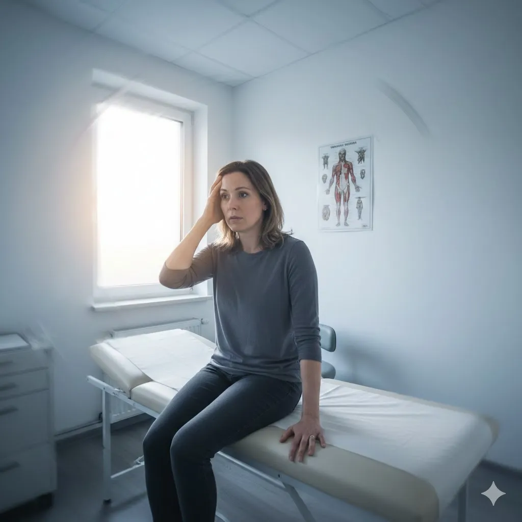 A distressed woman sitting on a clinical exam table, holding her head while experiencing symptoms of vertigo and dizziness. The Back and Neck Pain Center of Monterey provides comprehensive evaluations and specialized chiropractic care for Monterey, CA residents seeking a natural solution for balance disorders and sensory disruption.