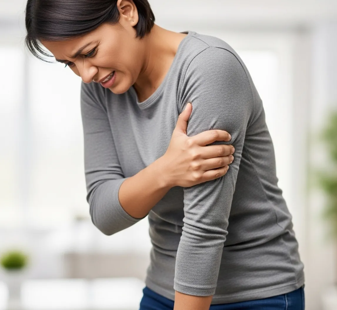 A woman in Monterey, CA, clutching her upper arm with a pained expression, illustrating the radiating arm and leg pain that many residents experience. At The Back and Neck Pain Center of Monterey, we provide expert clinical evaluations to identify if limb pain is originating from spinal misalignments or localized joint issues.
